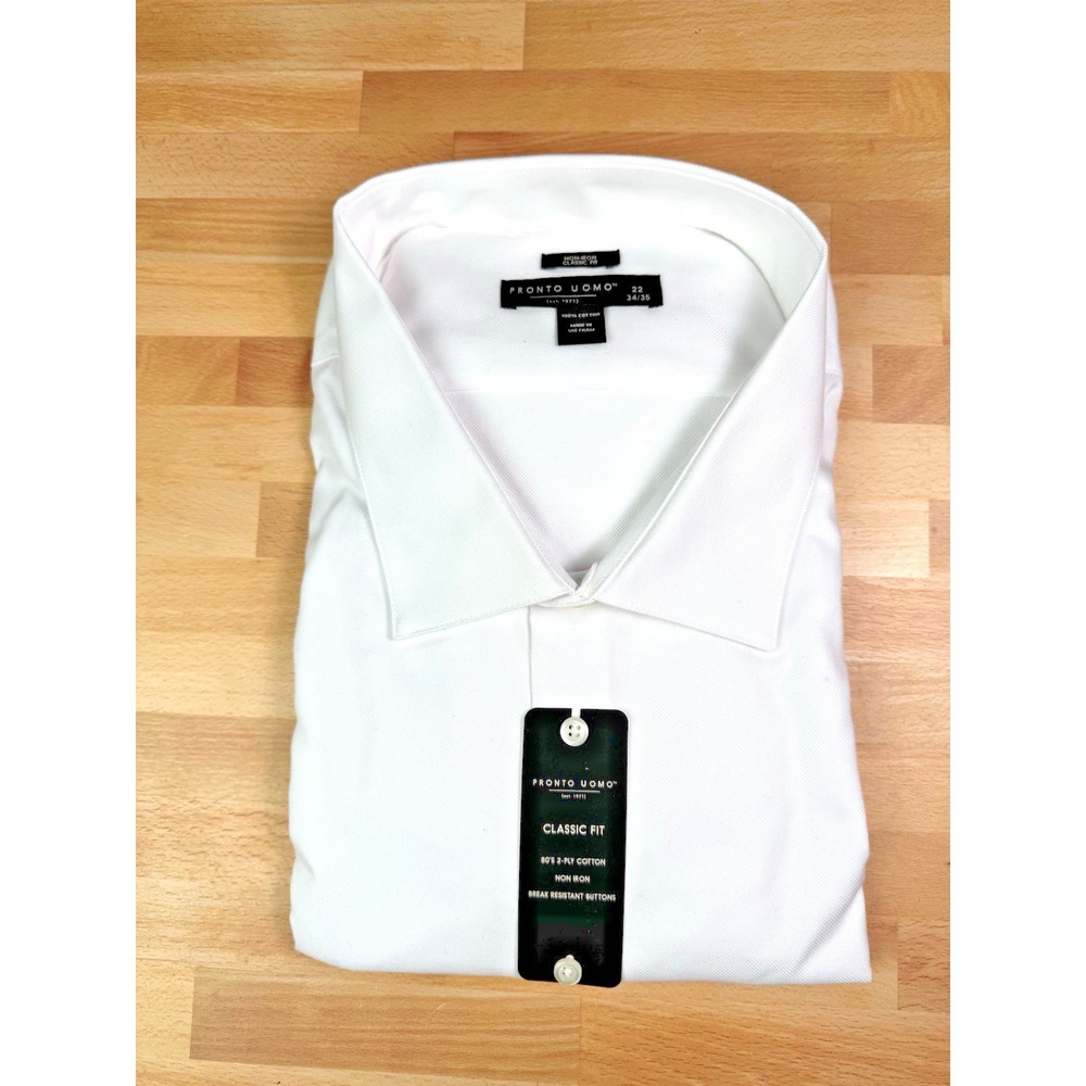 Pronto Uomo Non-Iron Dress Shirt Classic Fit White 100% Cotton 22 34/35‎